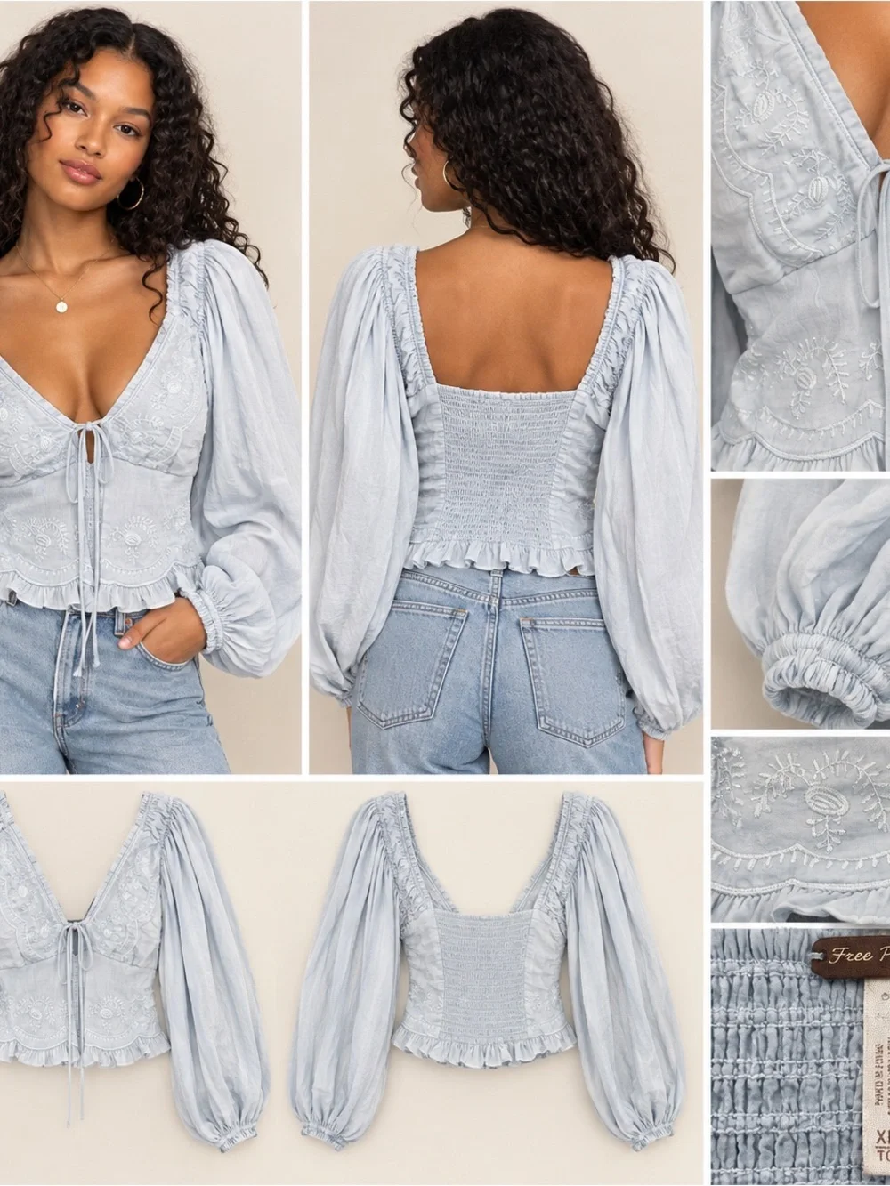 Free People Pale Gray Embroidered Puff-Sleeve Bustier